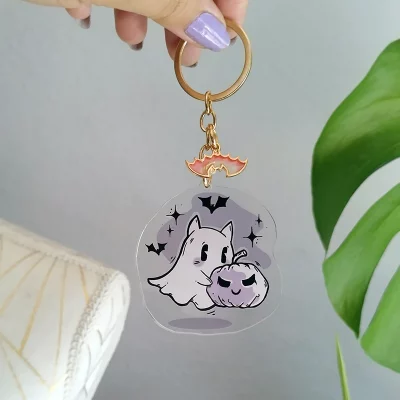 Kawaii Boo: Kitty ghost pumpking keychain