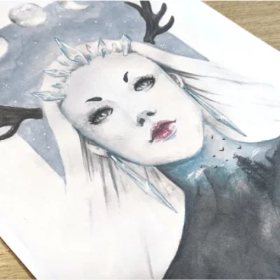 Watercolor illustration of a winter spirit. A Horned woman who live on the frosted mountains. Pagan Yule spirit. Witchy inspiration - Narieletart